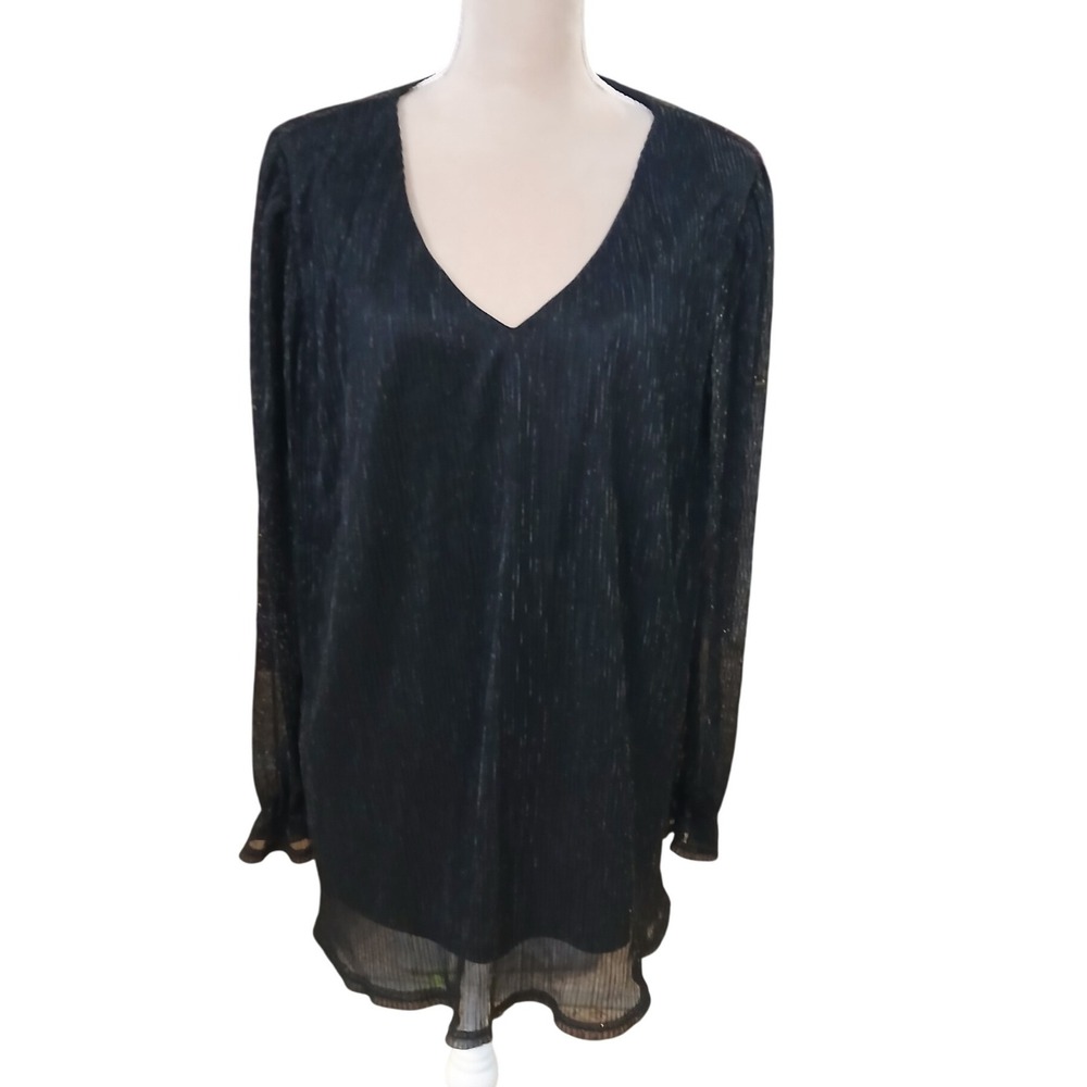 Hanna Nikole Black Metallic Stripe V Neck Long Sleeve Blouse Plus Size 20W